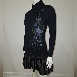 Yuka Paris Turtleneck Knit Sweater Mini Dress Drop Waist Satin Skirt  Stars